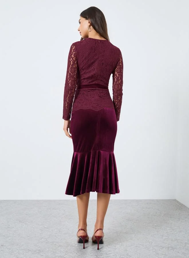 Styli  Styli Burgundy Lace Insert Mermaid Hem Midi Dress for Women | Best Price UAE