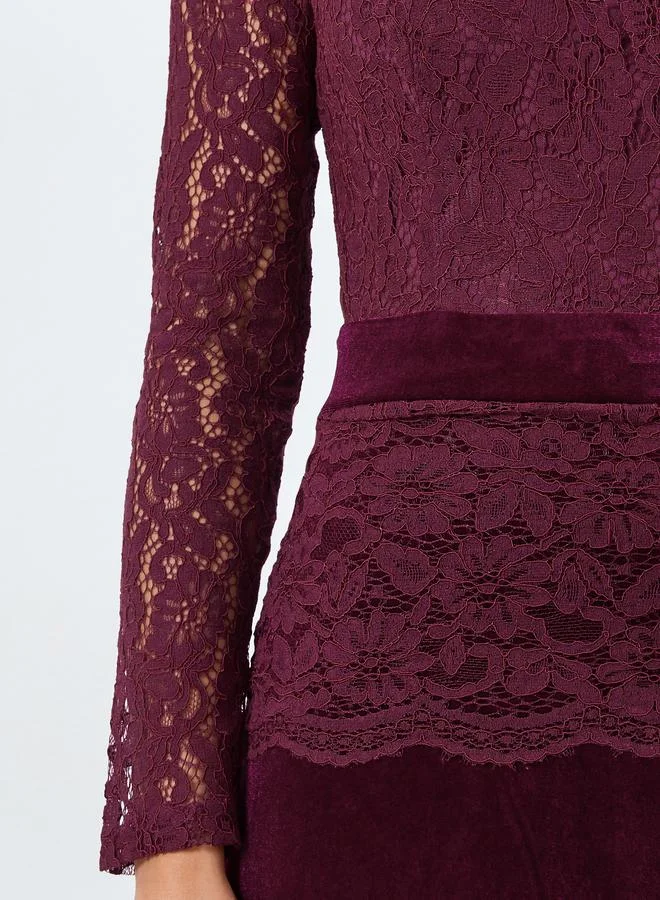 Styli  Styli Burgundy Lace Insert Mermaid Hem Midi Dress for Women | Best Price UAE