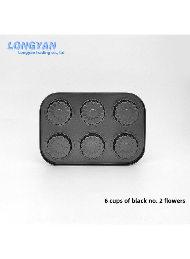 Cake Mold Non-stick 6-Piece 4-piece Cup Round Coated Baking Pan Flat Flower Donut Baking Pan Mold-Specifications:6 Cups Black No. 2 Flowers - Image 1