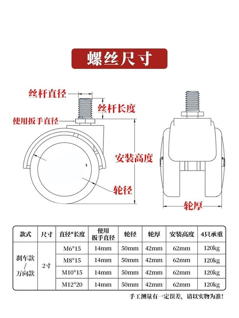 Universal Wheel With Brake 2 Inch M8 Soft Rubber Silent Caster Black 4Pcs - Image 5