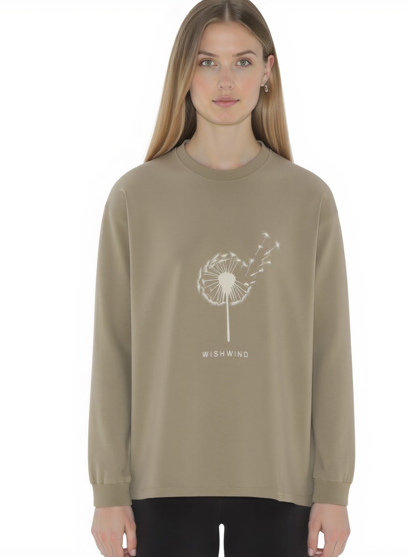 WISHWIND Unisex Dandelion Long Sleeve Sweatshirt – Khaki - Image 2