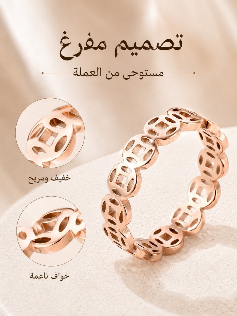 TEXSENDA Retro Rose Gold Coin Ring, Stainless Steel Lucky Charm for Men & Women, Rose Gold Color, Size 5-11 - Image 3