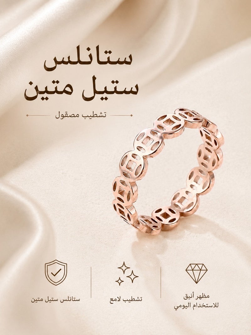 TEXSENDA Retro Rose Gold Coin Ring, Stainless Steel Lucky Charm for Men & Women, Rose Gold Color, Size 5-11 - Image 2