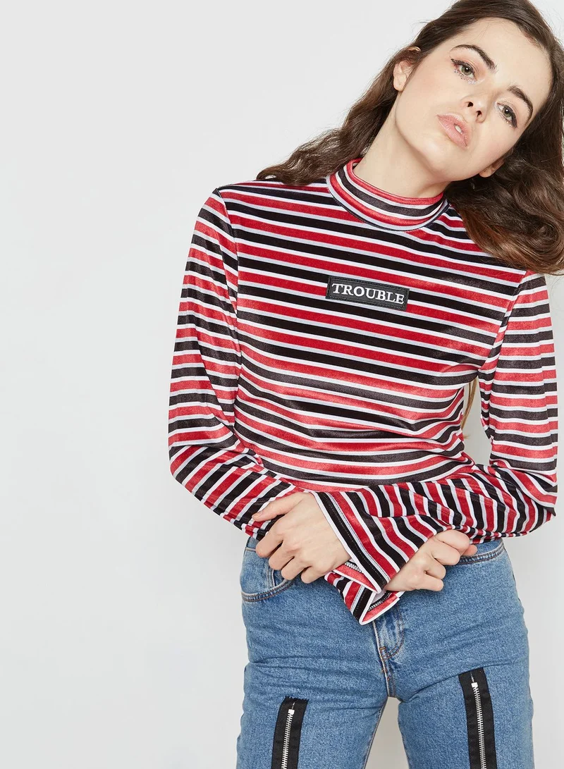 THE RAGGED PRIEST High Neck Striped Velvet Crop Top