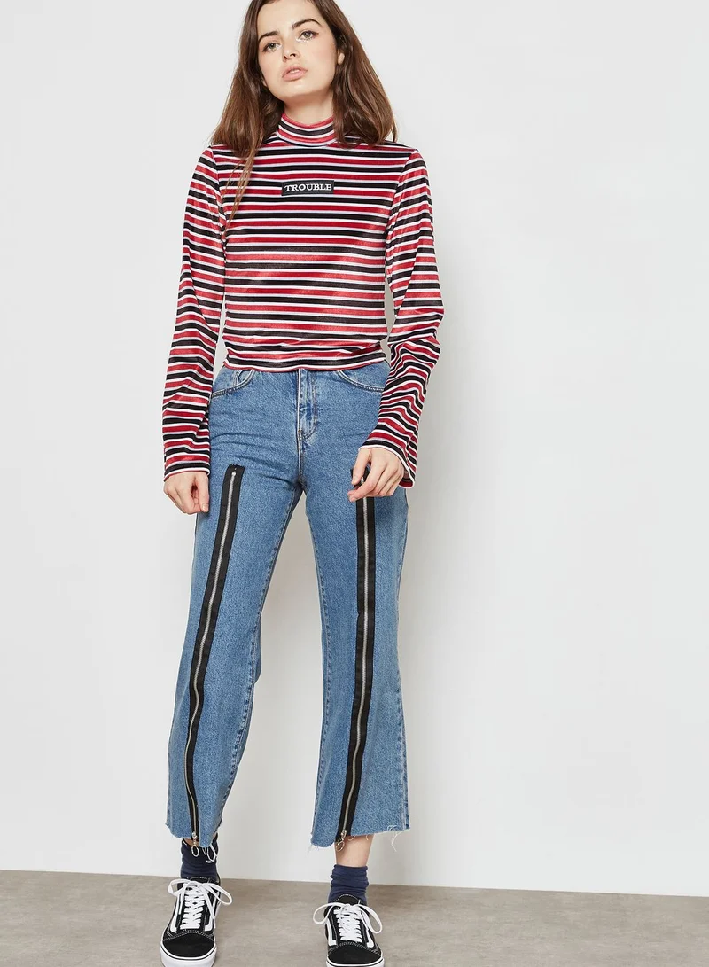 THE RAGGED PRIEST High Neck Striped Velvet Crop Top