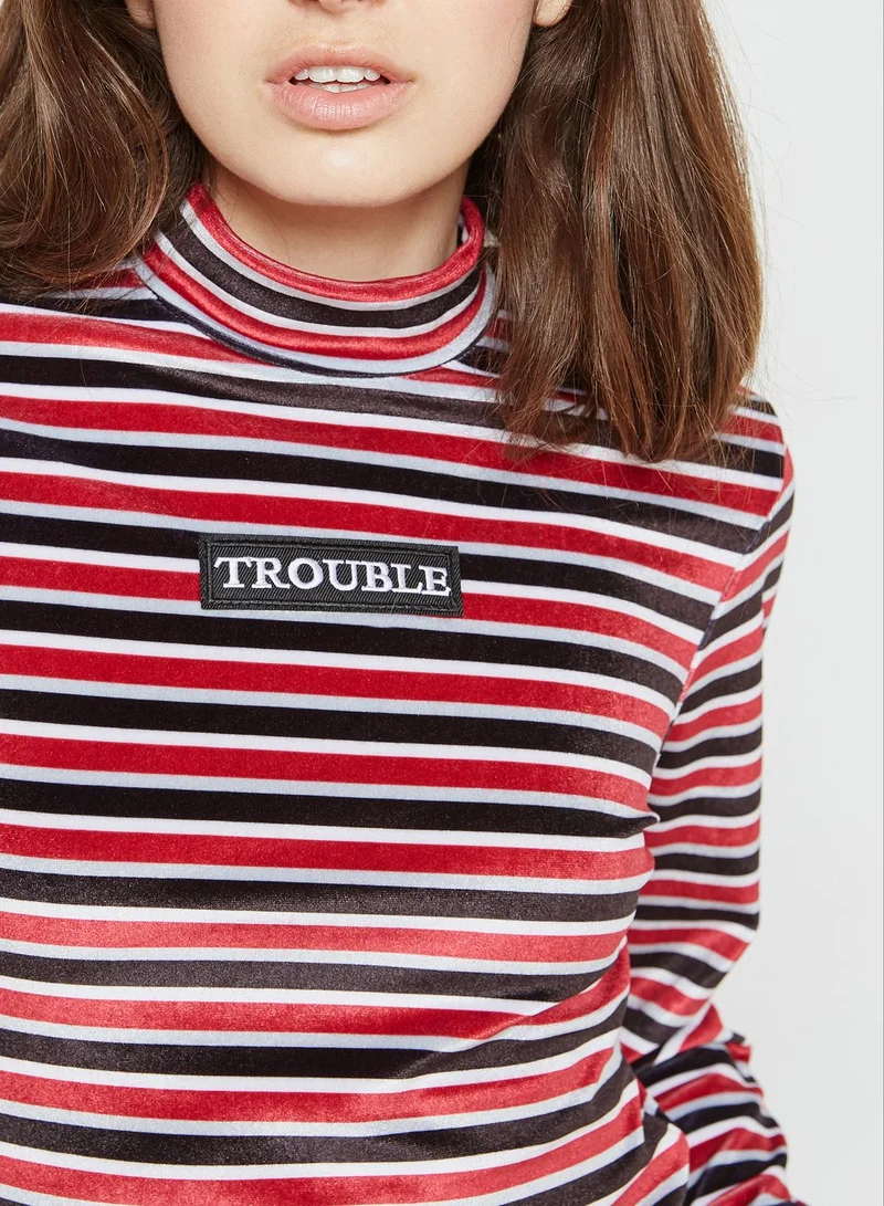 THE RAGGED PRIEST High Neck Striped Velvet Crop Top