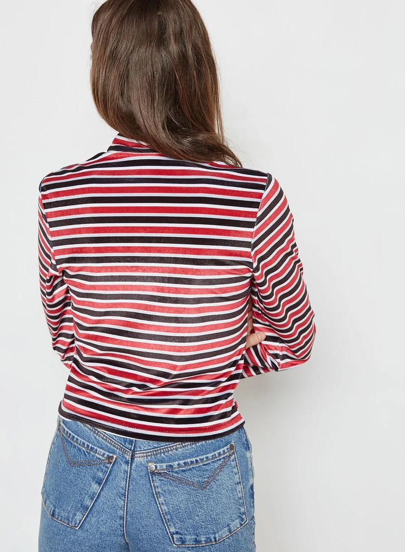 THE RAGGED PRIEST High Neck Striped Velvet Crop Top