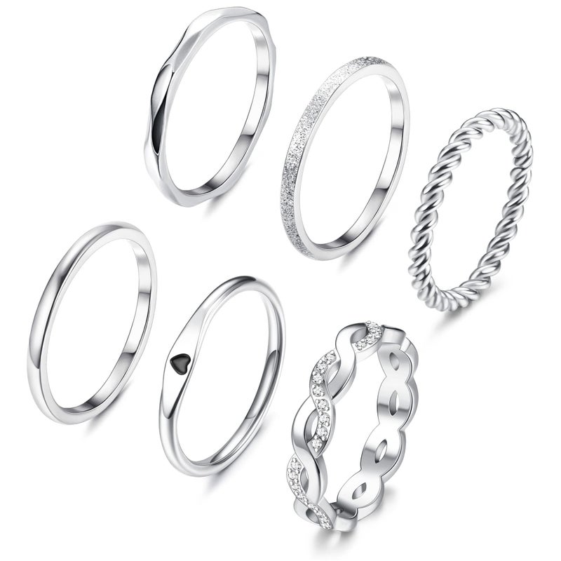 JeryWe 6 Pcs Stainless Steel Rings for Women Set Knuckle Rings Stackable Simple Carve Heart Wedding Bands Engagement Promise Eternity Bands Thumb Ring for Women 8 - Image 1