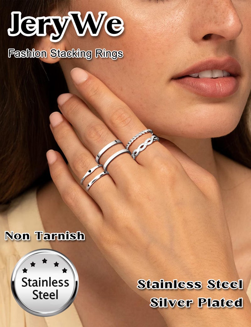 JeryWe 6 Pcs Stainless Steel Rings for Women Set Knuckle Rings Stackable Simple Carve Heart Wedding Bands Engagement Promise Eternity Bands Thumb Ring for Women 8 - Image 4