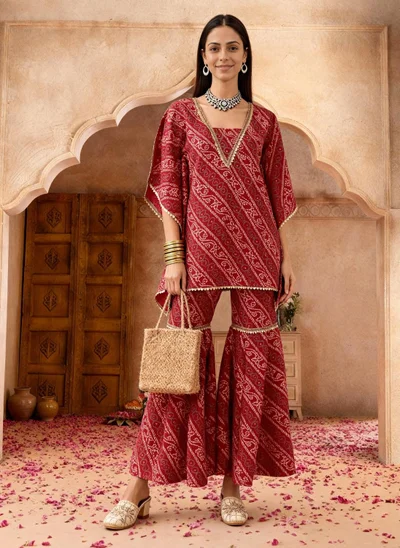 globus Globus Women Red Bandhani Ethnic Gold Foil Print V-Neck Kimono Sleeves Lace Detail Kaftan Tunic & Sharara Festive Co-Ord Set