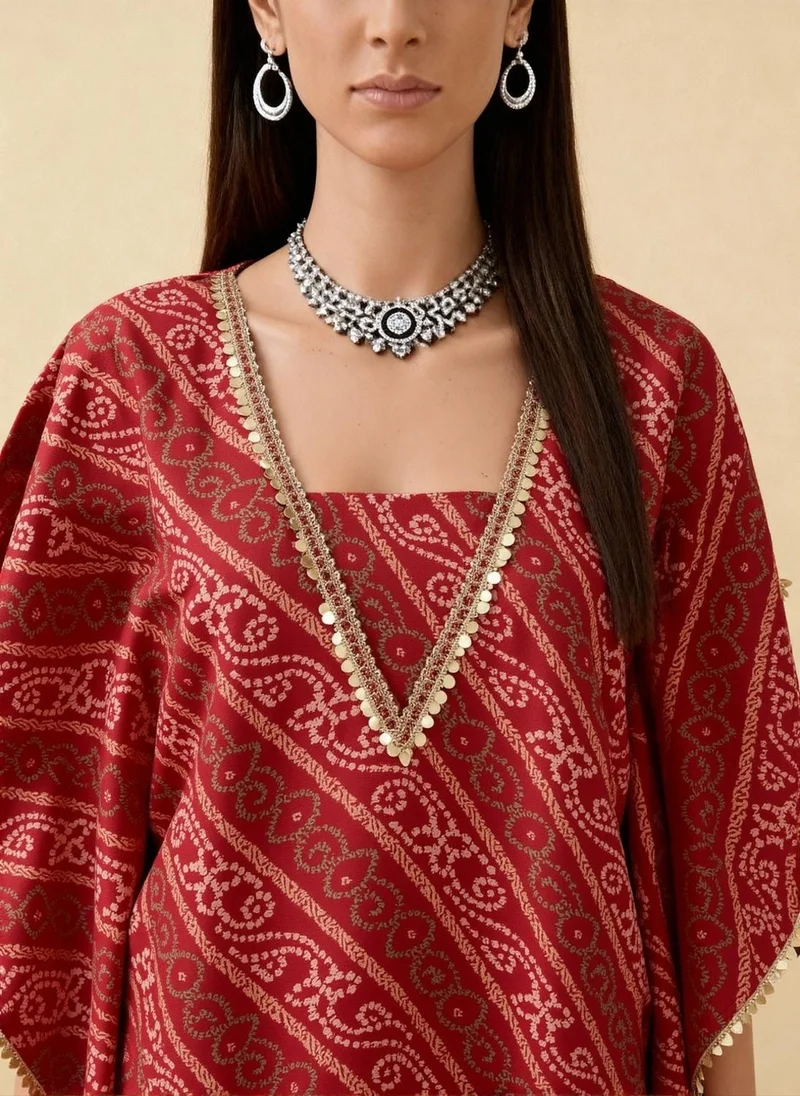 globus Globus Women Red Bandhani Ethnic Gold Foil Print V-Neck Kimono Sleeves Lace Detail Kaftan Tunic & Sharara Festive Co-Ord Set