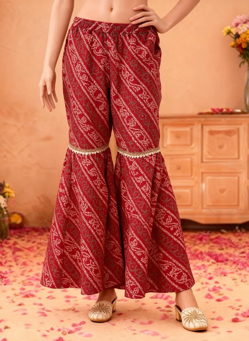 globus Globus Women Red Bandhani Ethnic Gold Foil Print V-Neck Kimono Sleeves Lace Detail Kaftan Tunic & Sharara Festive Co-Ord Set