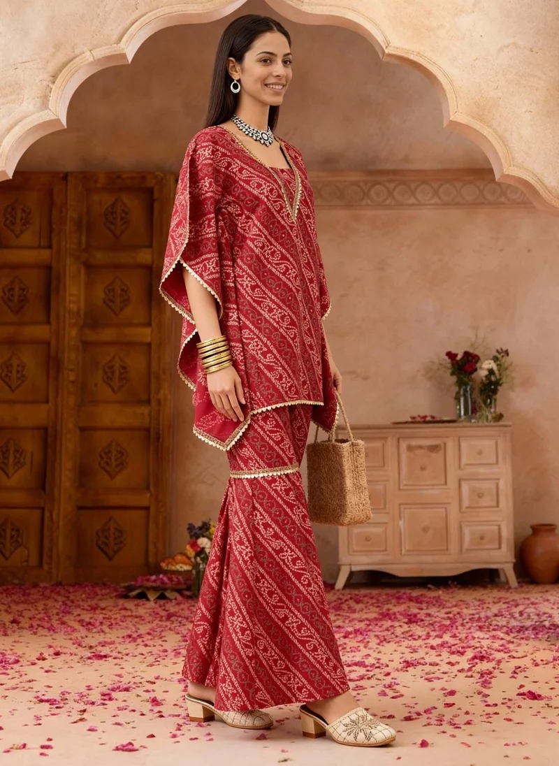 globus Globus Women Red Bandhani Ethnic Gold Foil Print V-Neck Kimono Sleeves Lace Detail Kaftan Tunic & Sharara Festive Co-Ord Set