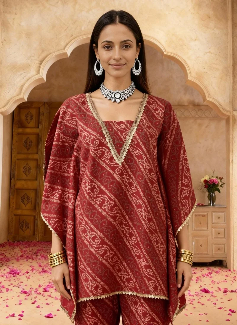 globus Globus Women Red Bandhani Ethnic Gold Foil Print V-Neck Kimono Sleeves Lace Detail Kaftan Tunic & Sharara Festive Co-Ord Set