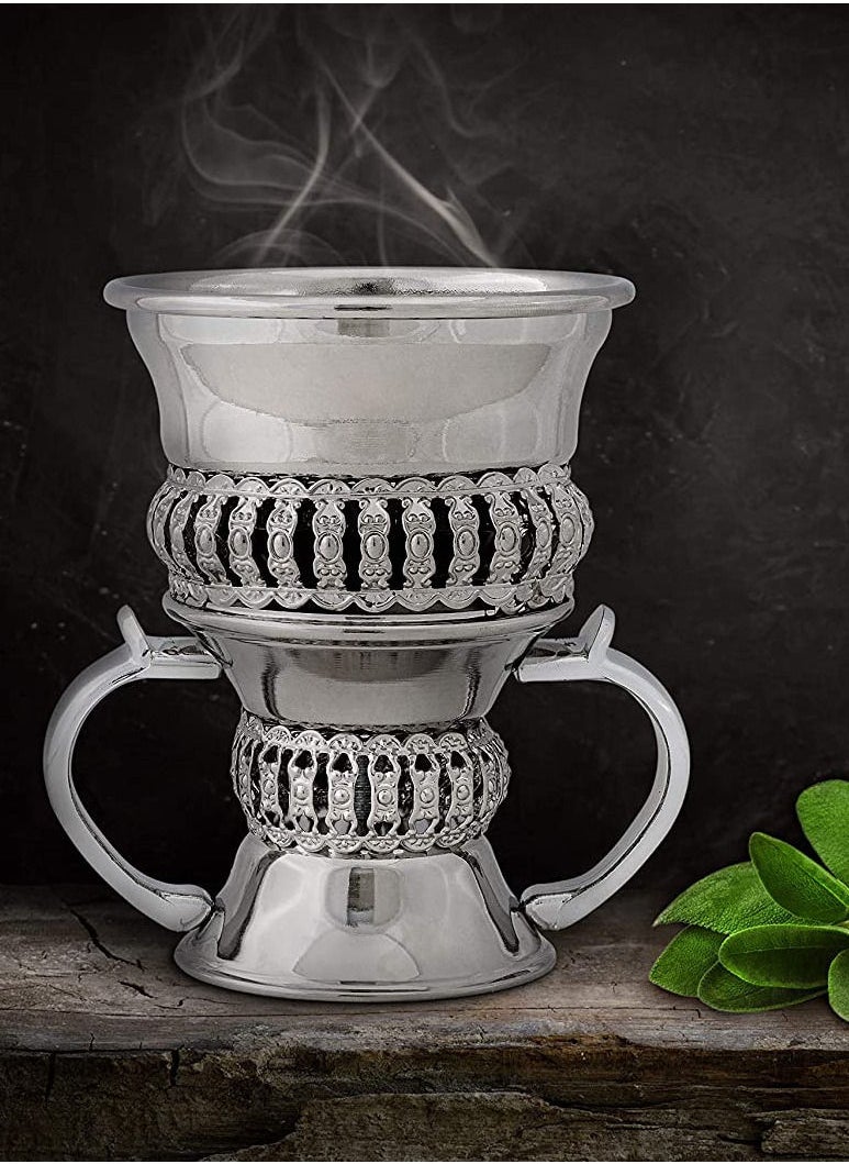 SAQOWARE Metal Frankincense Resin Incense Burner | Premium Metal Bakhoor Burner with Tong | Madkhan | Mabkhara | Oud Burner | Incence Burner | Myrrh Burner with Tongs for Yoga | Spa Aromatherapy (Silver)  - Image 4