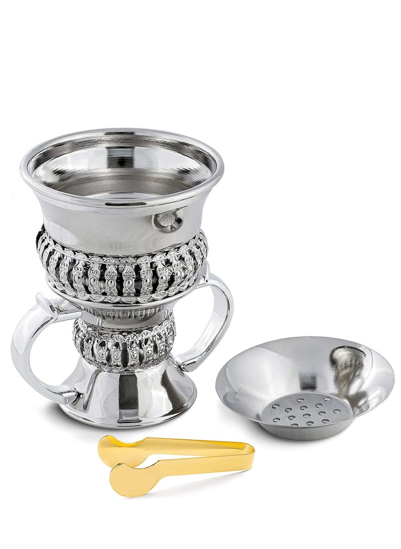 SAQOWARE Metal Frankincense Resin Incense Burner | Premium Metal Bakhoor Burner with Tong | Madkhan | Mabkhara | Oud Burner | Incence Burner | Myrrh Burner with Tongs for Yoga | Spa Aromatherapy (Silver)  - Image 1