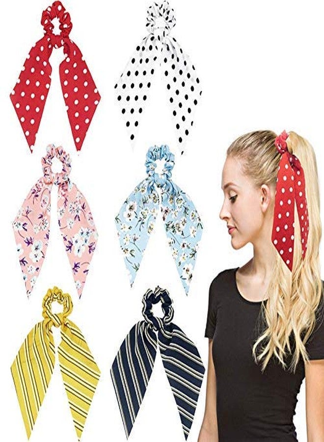 FAMEZA Women's Scarf Scrunchie 6 Pieces Hair Scarves Chiffon Scrunchies with Tails Dot Floral Hair Scarfs Long Hair Ribbon Ties | Multicolour - Image 1