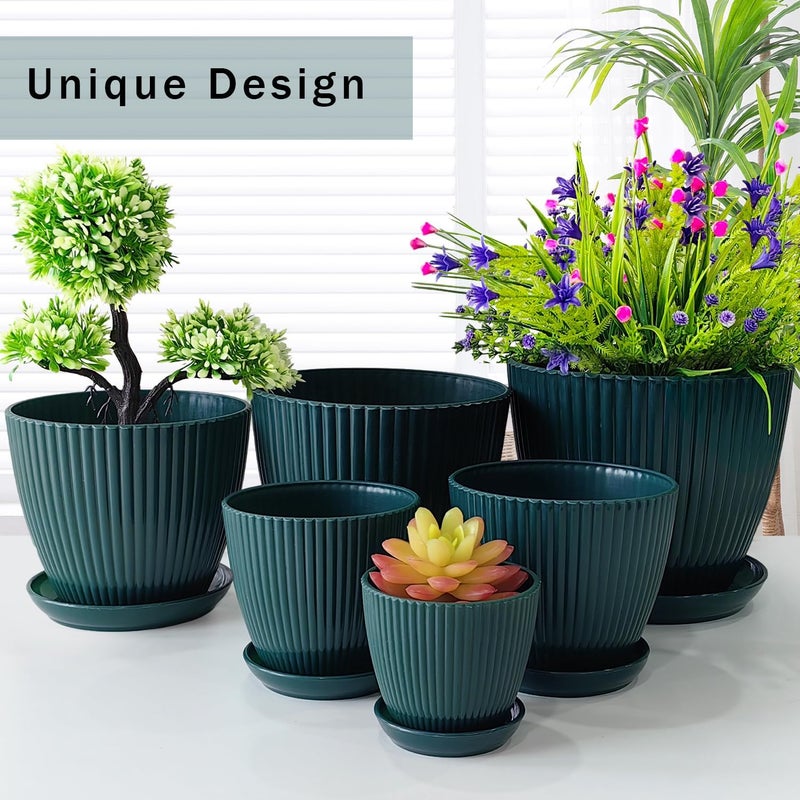 RooTrimmer 7.5/6.5/5.5/4.9/4.2/3.5 inches Plant Planters 6 Pack, Thick Sturdy Plastic Plant Pots, Indoor/Outdoor 6 Sizes Flower Pots with Drainage Holes and Saucers (6 Sizes, Dark-Green) - Image 3