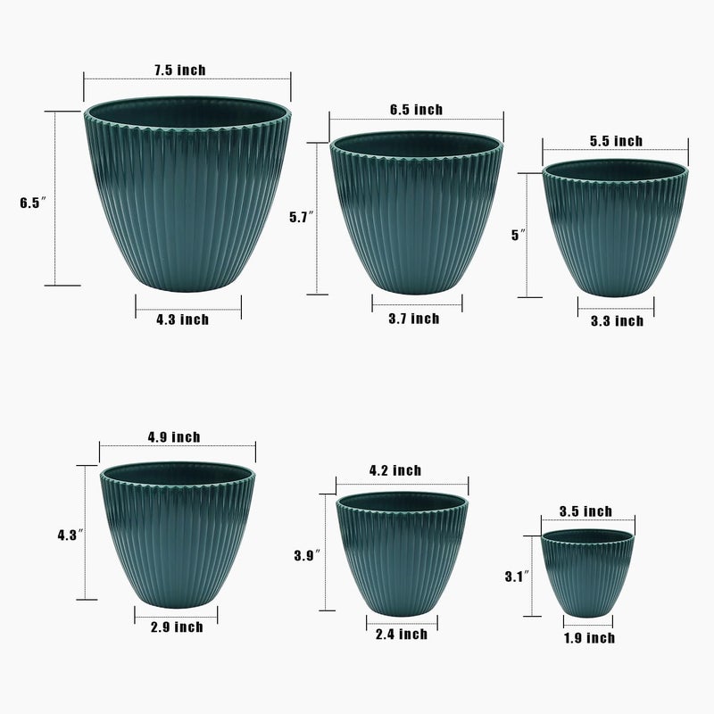 RooTrimmer 7.5/6.5/5.5/4.9/4.2/3.5 inches Plant Planters 6 Pack, Thick Sturdy Plastic Plant Pots, Indoor/Outdoor 6 Sizes Flower Pots with Drainage Holes and Saucers (6 Sizes, Dark-Green) - Image 2