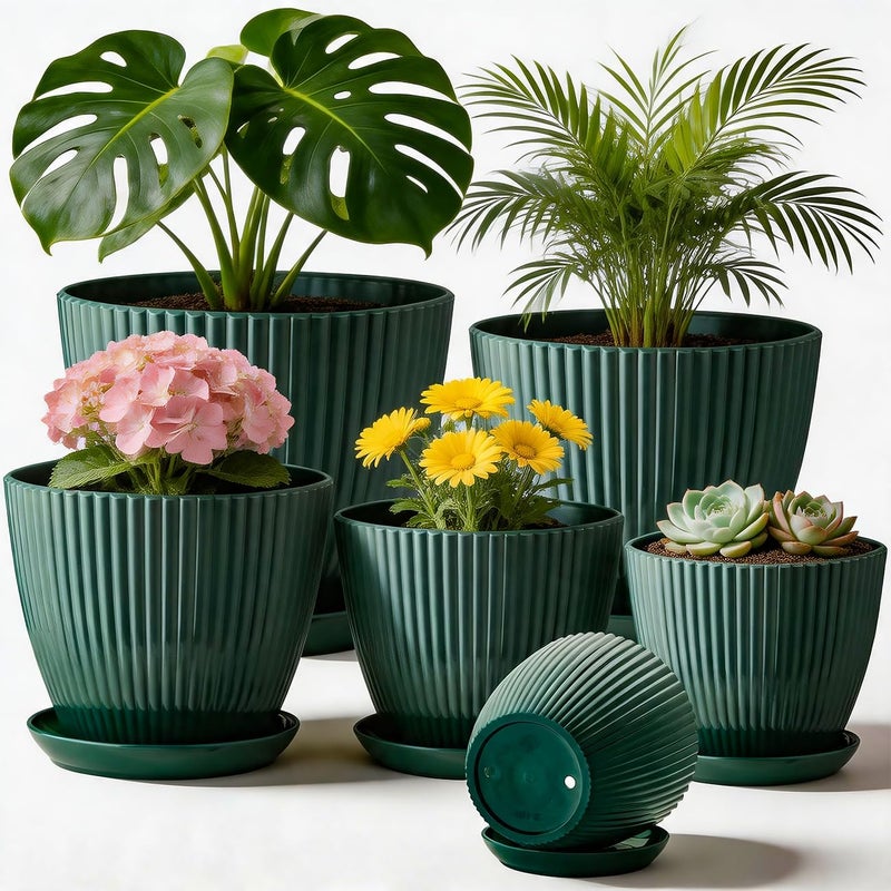 RooTrimmer 7.5/6.5/5.5/4.9/4.2/3.5 inches Plant Planters 6 Pack, Thick Sturdy Plastic Plant Pots, Indoor/Outdoor 6 Sizes Flower Pots with Drainage Holes and Saucers (6 Sizes, Dark-Green) - Image 1