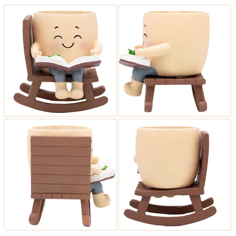 Toparad Smily Face Rocking Chair Reading Book Planter Pots with Drainage Hole, Cute Resin Flower Head Succulent Planters for Indoor Plants, Gift IdeaI for Mother Birthday Christmas - Image 4