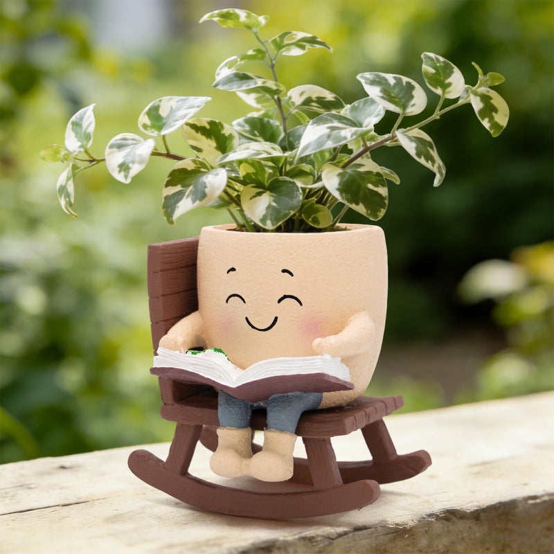 Toparad Smily Face Rocking Chair Reading Book Planter Pots with Drainage Hole, Cute Resin Flower Head Succulent Planters for Indoor Plants, Gift IdeaI for Mother Birthday Christmas - Image 1