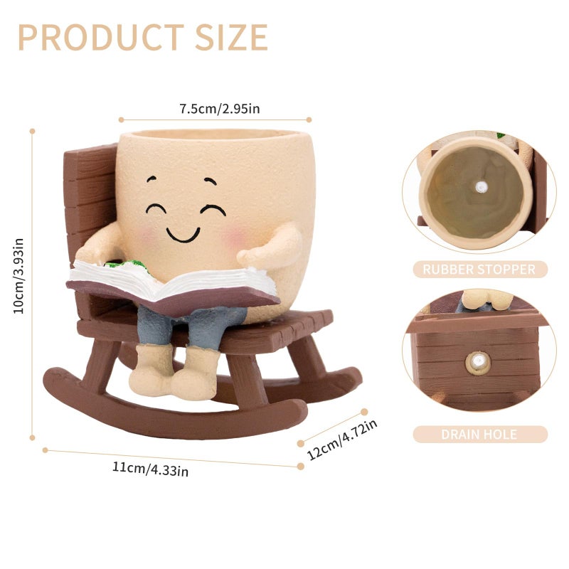 Toparad Smily Face Rocking Chair Reading Book Planter Pots with Drainage Hole, Cute Resin Flower Head Succulent Planters for Indoor Plants, Gift IdeaI for Mother Birthday Christmas - Image 3