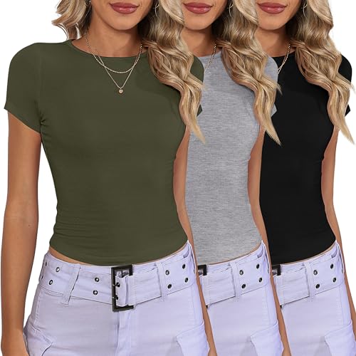 Riyiper 3 Pcs Women's Short Sleeve Crop Tops, Boat Neck Slim Fitted Cropped Shirts Workout Basic Tops (Black, Army Green, Light Gray,Small) - Image 2