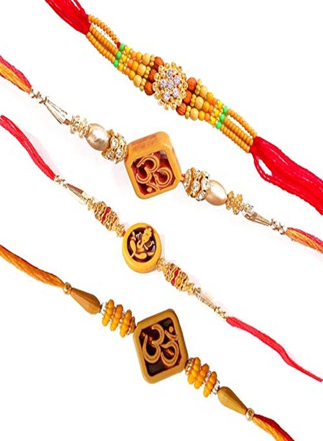 Suninow RAKSHBANDHAN مجموعة Rakhi Combo الخاصة المكونة من 4 قطع من مصمم Lord Ganesha، OM، مجموعة Chandan Beads Rakhi |Rakhi للأخ | راخي للمهرجان | راخي للأخ وبهابي مع رولي في حفل تيلاك - Image 1