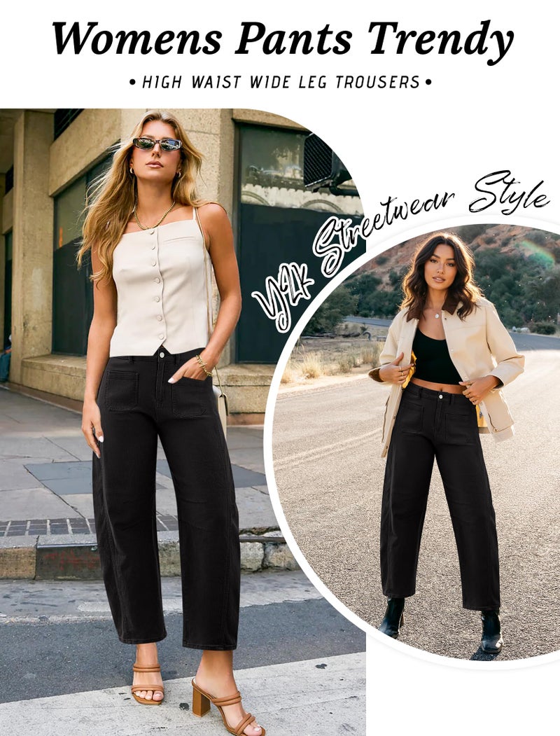 Eddoyee Wide Leg Barrel Pants Women - Stretchy High Waist Baggy Pants Y2k Boyfriend Ankle Trousers with Pockets Black - Image 5
