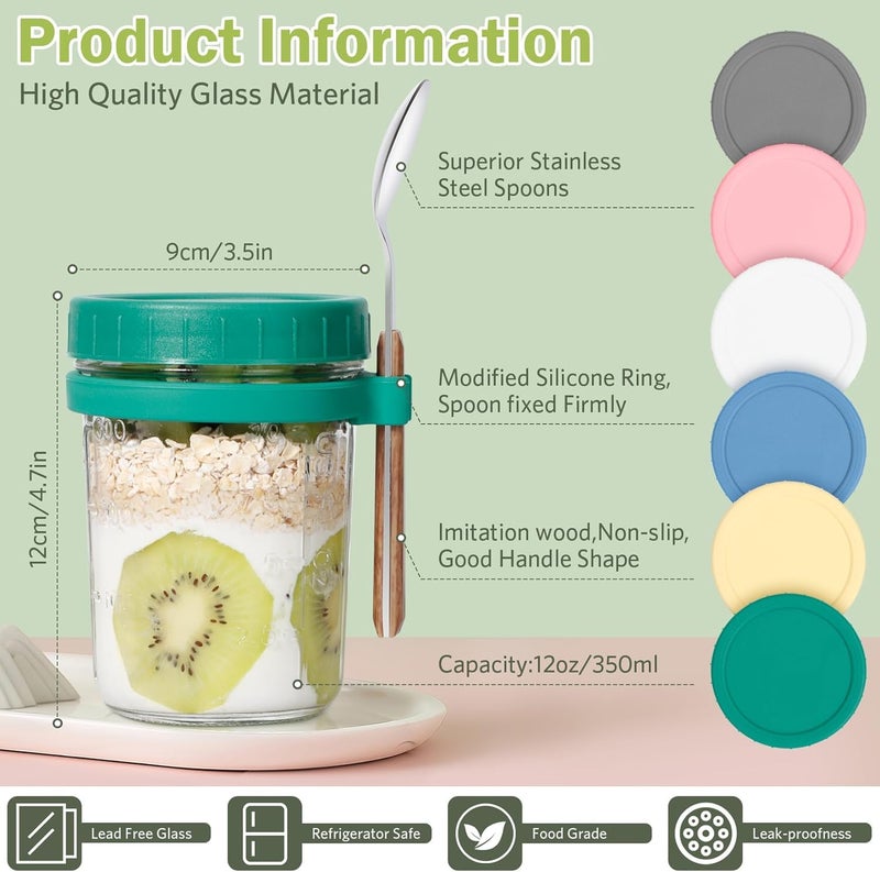 FWQPRA 350 Ml Airtight Overnight Oats Jar with Spoon & Lid, Glass Oatmeal Container Jar for Cereal Fruit Vegetable Milk Salad Yogurt, Mason Jars with Measurement Marks (Pack Of 2), Multicolor - Image 3