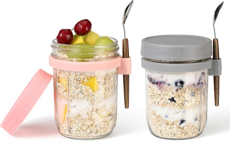 FWQPRA 350 Ml Airtight Overnight Oats Jar with Spoon & Lid, Glass Oatmeal Container Jar for Cereal Fruit Vegetable Milk Salad Yogurt, Mason Jars with Measurement Marks (Pack Of 2), Multicolor - Image 1