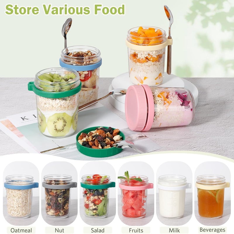 FWQPRA 350 Ml Airtight Overnight Oats Jar with Spoon & Lid, Glass Oatmeal Container Jar for Cereal Fruit Vegetable Milk Salad Yogurt, Mason Jars with Measurement Marks (Pack Of 2), Multicolor - Image 4