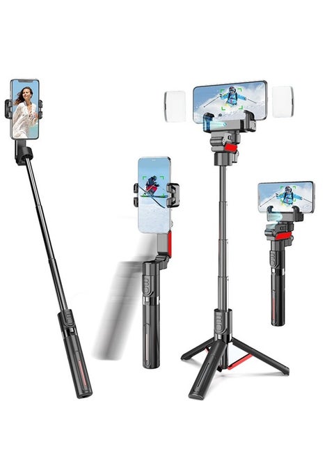 C10 AI Face Tracking Handheld Phone Gimbal Stabilizer with 360° Rotation, Dual Fill Lights, Bluetooth 5.0, Selfie Stick & Vlogging Tripod for iPhone & Android – Lightweight & Rechargeable (Black+Red)