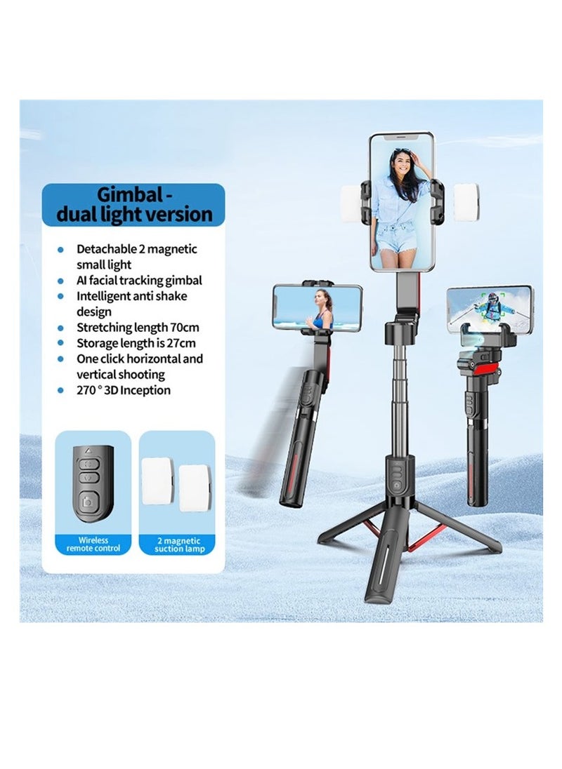 C10 AI Face Tracking Handheld Phone Gimbal Stabilizer with 360° Rotation, Dual Fill Lights, Bluetooth 5.0, Selfie Stick & Vlogging Tripod for iPhone & Android – Lightweight & Rechargeable (Black+Red)