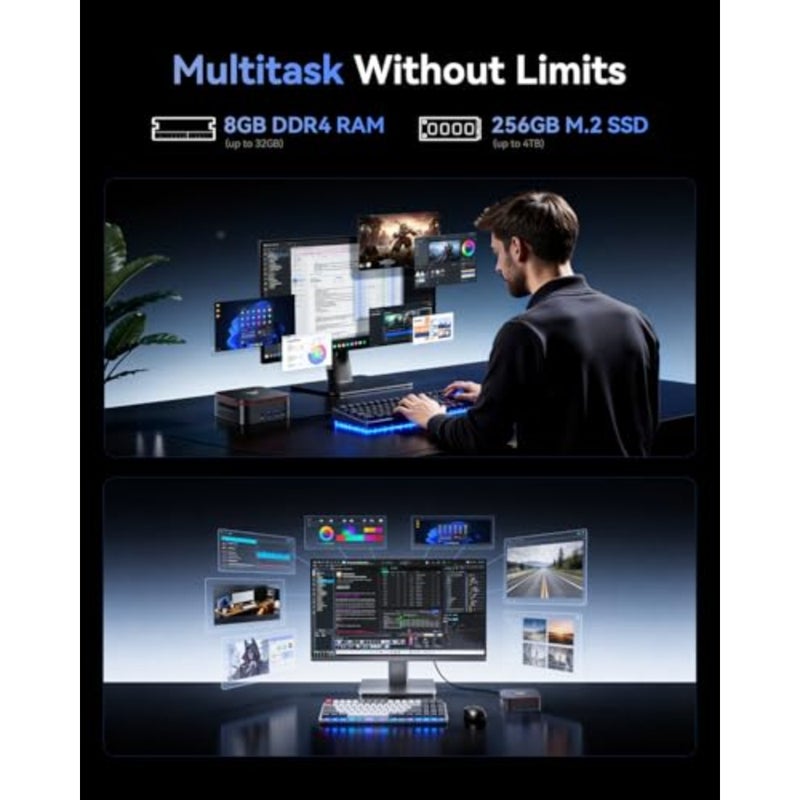 كمبيوتر صغير للأعمال/المكتب المنزلي: AMD Ryzen Embedded R2544، حتى 3.7 جيجا هرتز، ذاكرة الوصول العشوائي M.2 SSD، شاشة ثلاثية 4K، WiFi/BT، أسود، عالي الأداء - Image 4