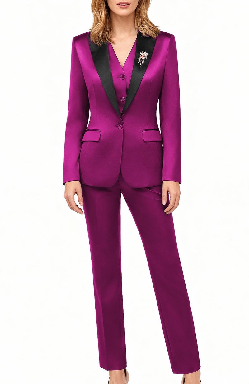 Kelyaa Women's 3 Pieces Satin Suit Lady's Black Peak Lapel One Button Fashion Outfits Casual Party Wedding Blazer Jacket Vest and Pants Set - Image 1