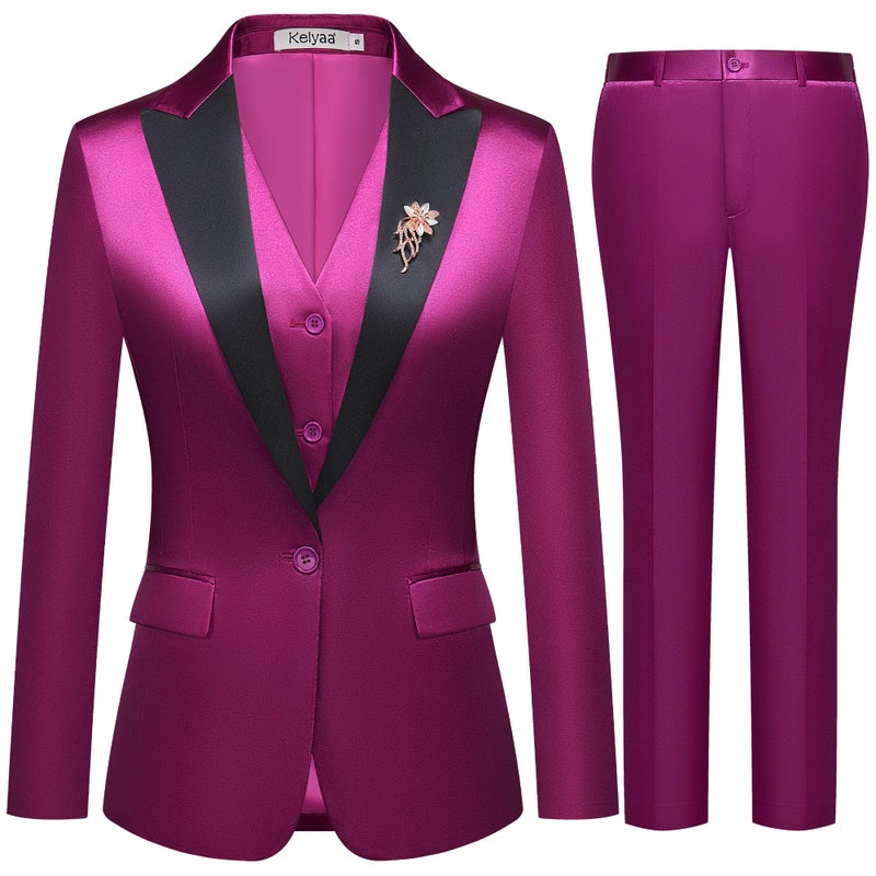 Kelyaa Women's 3 Pieces Satin Suit Lady's Black Peak Lapel One Button Fashion Outfits Casual Party Wedding Blazer Jacket Vest and Pants Set - Image 2