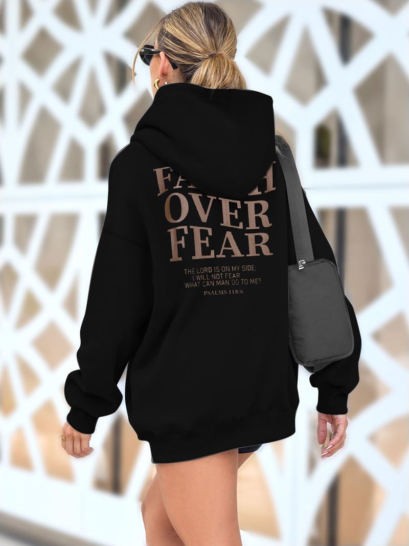 BANGELY Faith Over Fear Hoodie Women Christian Sweatshirt Graphic Christian Religious Sayings Sweater Bible Pullover Tops Black - Image 4