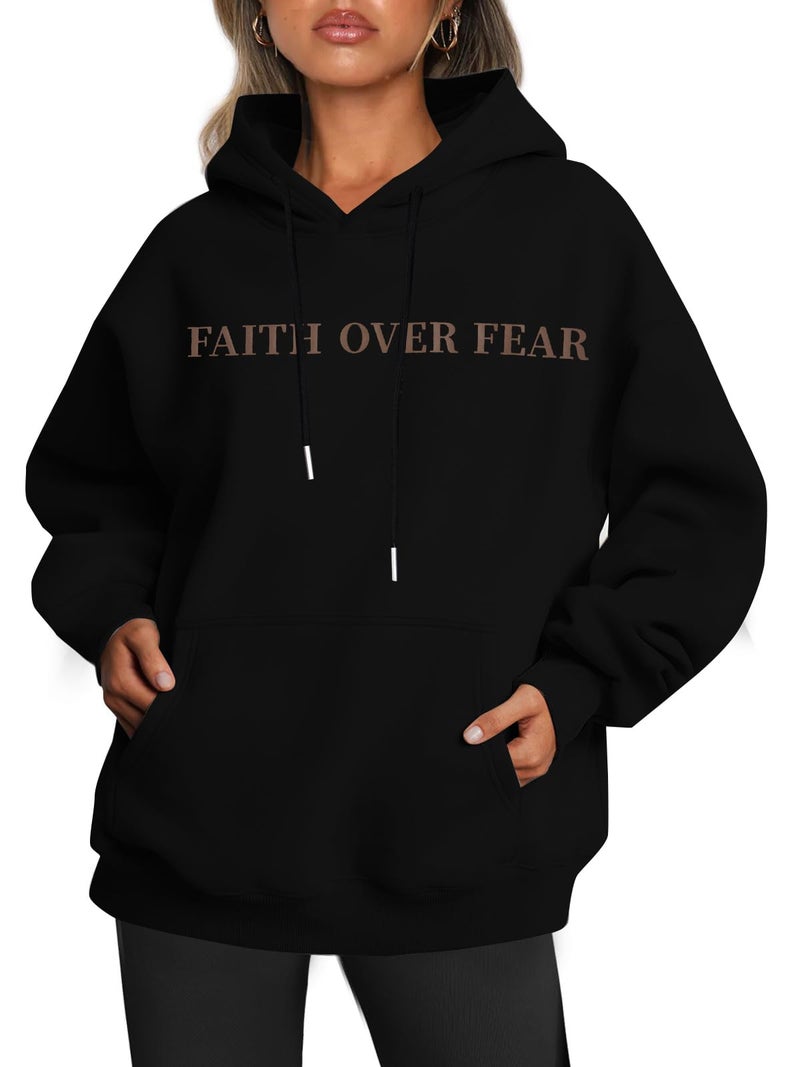 BANGELY Faith Over Fear Hoodie Women Christian Sweatshirt Graphic Christian Religious Sayings Sweater Bible Pullover Tops Black - Image 2