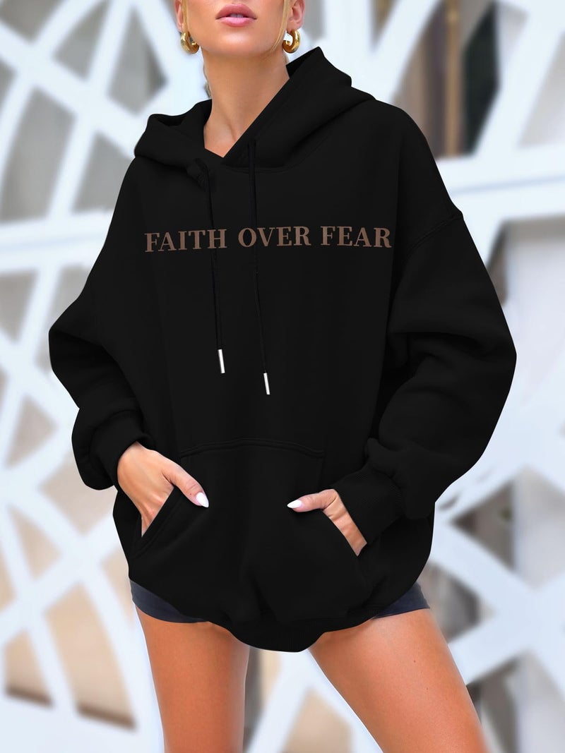BANGELY Faith Over Fear Hoodie Women Christian Sweatshirt Graphic Christian Religious Sayings Sweater Bible Pullover Tops Black - Image 3