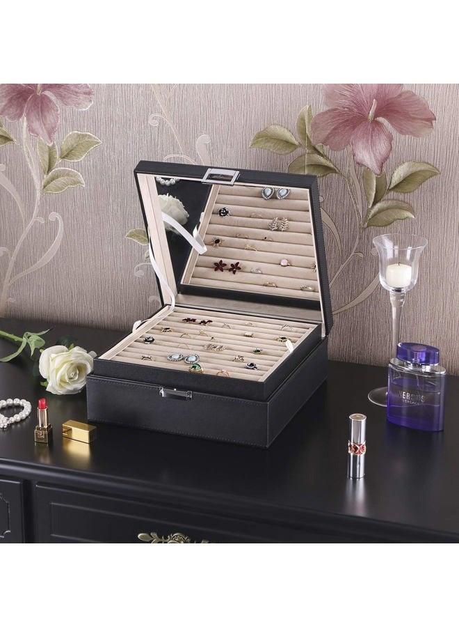BEWISHOME Ring Organizer and Earring Box Holder - 11 Ring Slots, 25 Earring Compartments, Large Mirror, 2 Layers - Jewelry Box Tray Cufflinks Storage for Girls Women Men, Grey SSH21H - Image 3