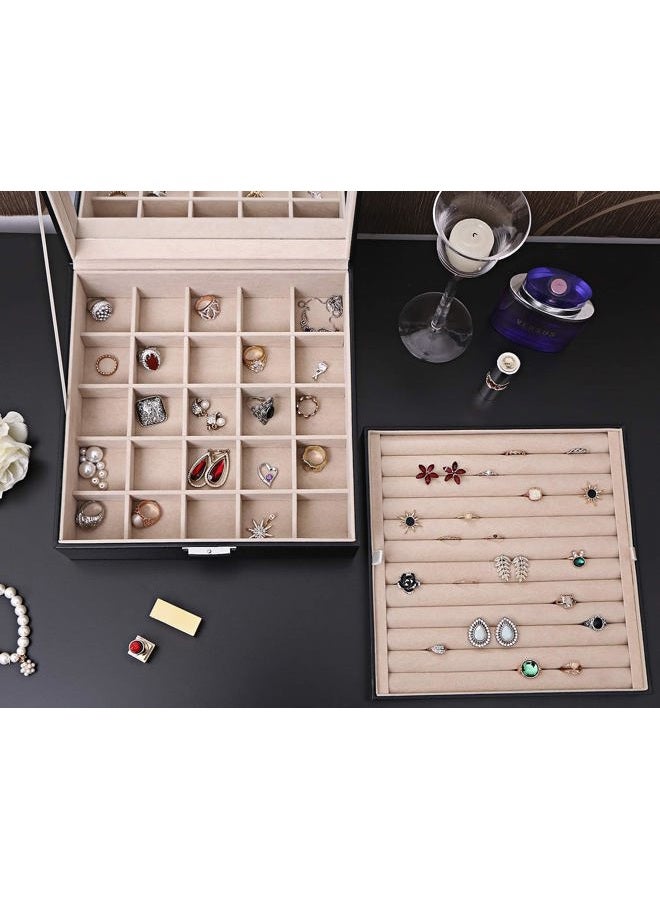 BEWISHOME Ring Organizer and Earring Box Holder - 11 Ring Slots, 25 Earring Compartments, Large Mirror, 2 Layers - Jewelry Box Tray Cufflinks Storage for Girls Women Men, Grey SSH21H - Image 2