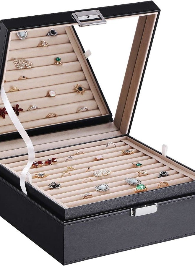 BEWISHOME Ring Organizer and Earring Box Holder - 11 Ring Slots, 25 Earring Compartments, Large Mirror, 2 Layers - Jewelry Box Tray Cufflinks Storage for Girls Women Men, Grey SSH21H - Image 1