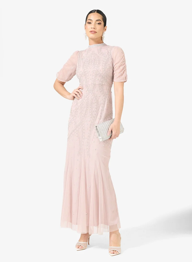 Amelia Rose Embellished High Neck Short Sleeve Maxi Dress