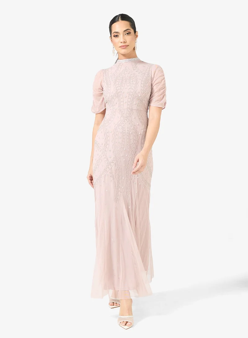 Embellished High Neck Short Sleeve Maxi Dress