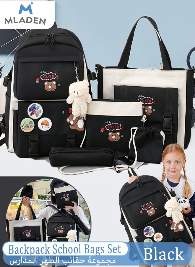 MLADEN 5 Pcs adult Backpack School Bags Set Backpacks with Pendant Lunch Bag Pencil Case Handbag Coin Purse for Teen Girls School Backpack - Image 1