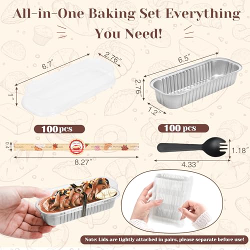 YQER 100 Pack Mini Loaf Pans with Lids, Spoons & Stickers – Disposable Aluminum Foil Baking Cake Containers for Oven, Air Fryer & Freezer – Ideal for Cakes, Bread, White Valentines Tins, Sliver - Image 3