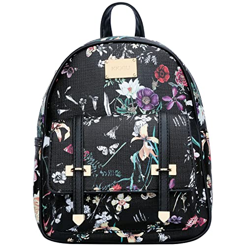 KKXIU Girls Small Backpack Purse Vegan Leather Mini Bookbag for Women Cute Teen Pompom Daypack (Small, Black Flower) - Image 2