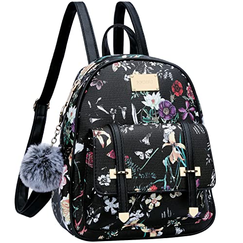KKXIU Girls Small Backpack Purse Vegan Leather Mini Bookbag for Women Cute Teen Pompom Daypack (Small, Black Flower) - Image 1